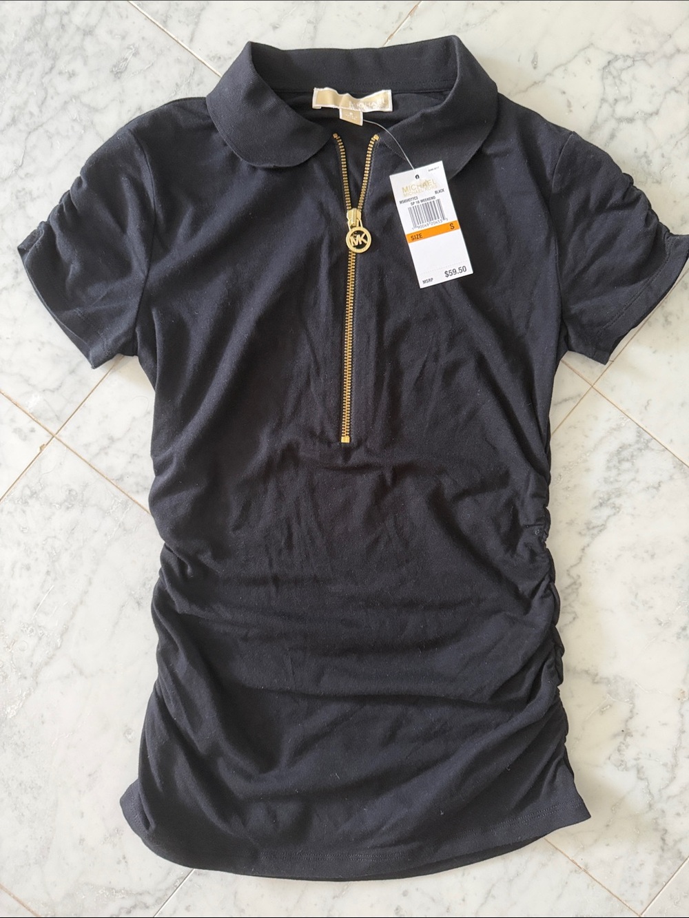 Michael Kors Black Short Sleeve Polo Dress with Gold Zip Pull